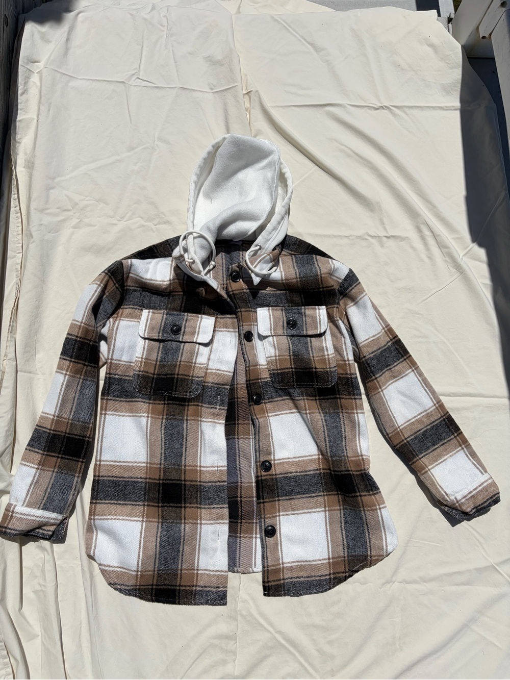No Boundaries Brown & White Plaid Hooded Shacket
